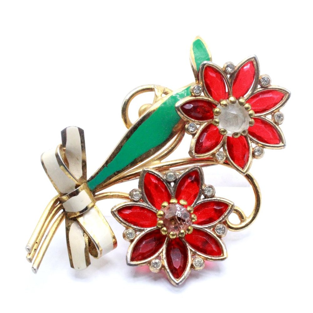 Vintage 40's Glass Flower Enamel Bouquet Designer Brooch